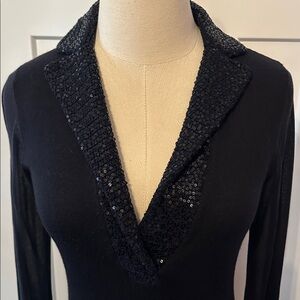 IISLI navy blue sequins deep vneck collar fitted sheer arms button cuff S dress